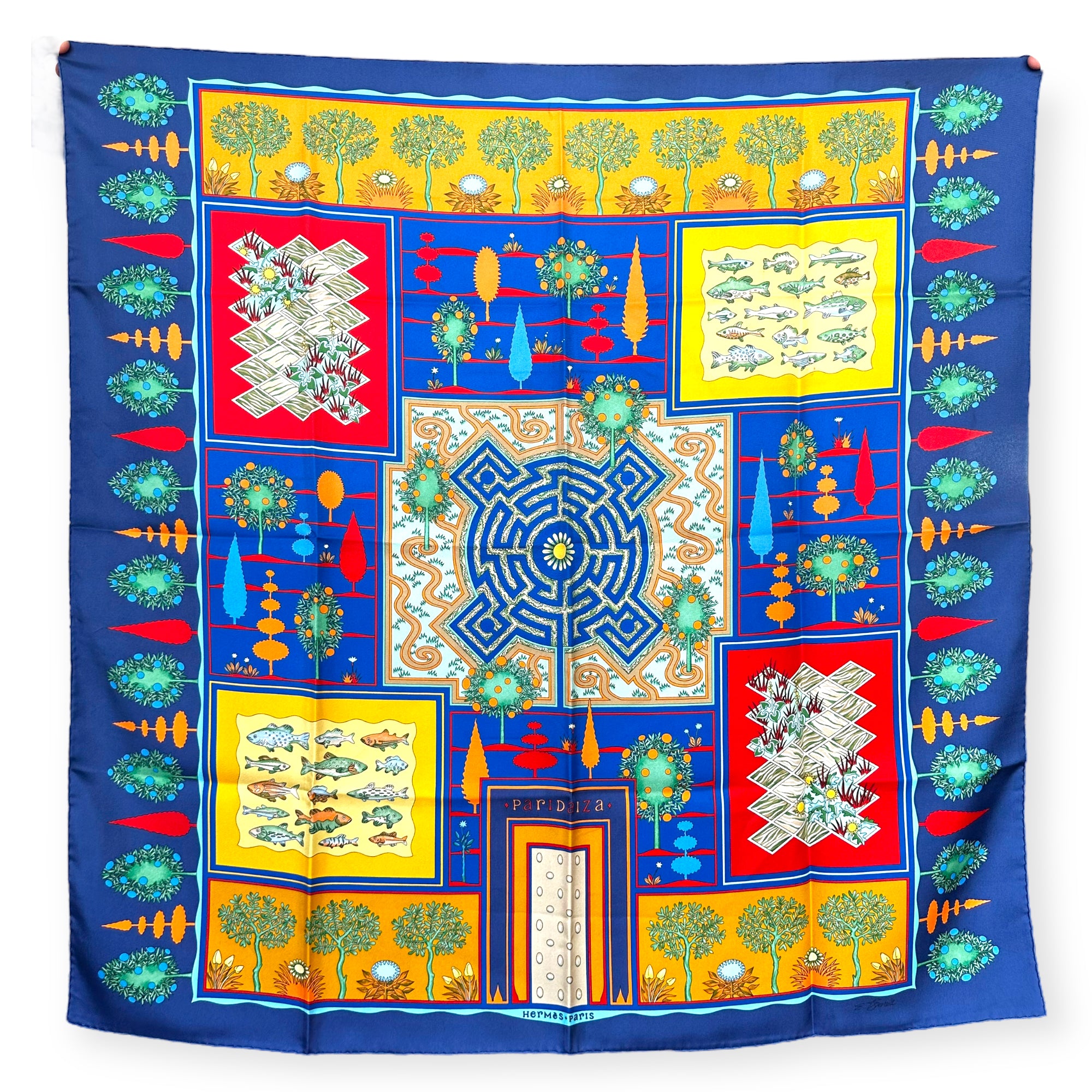 Paridaiza dessiné par Eugène Brunelle - Carré Foulard Hermès 90cm-bleu