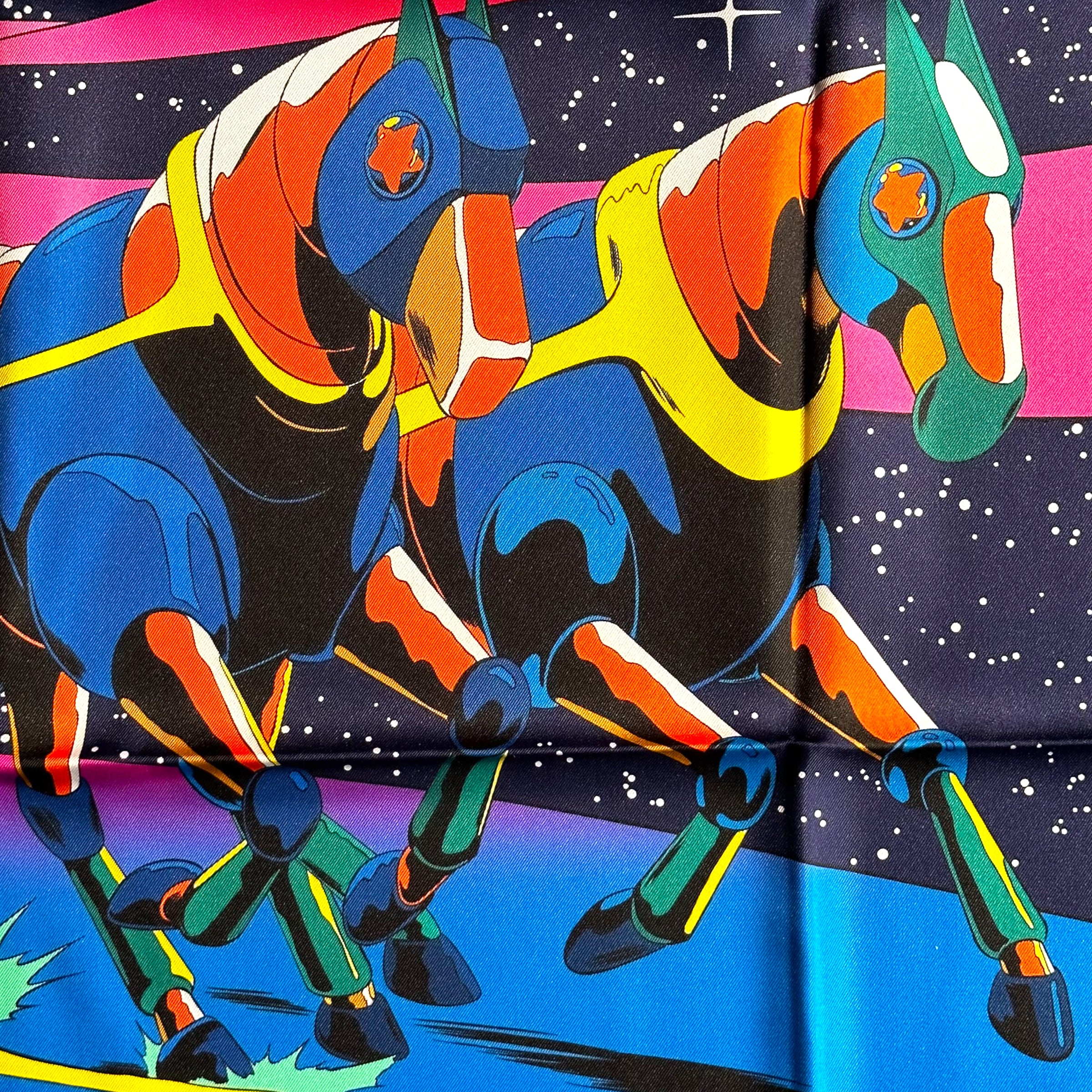 foulard-hermes-space derby-chevaux-tirant-un-attelage-dans-l-espace