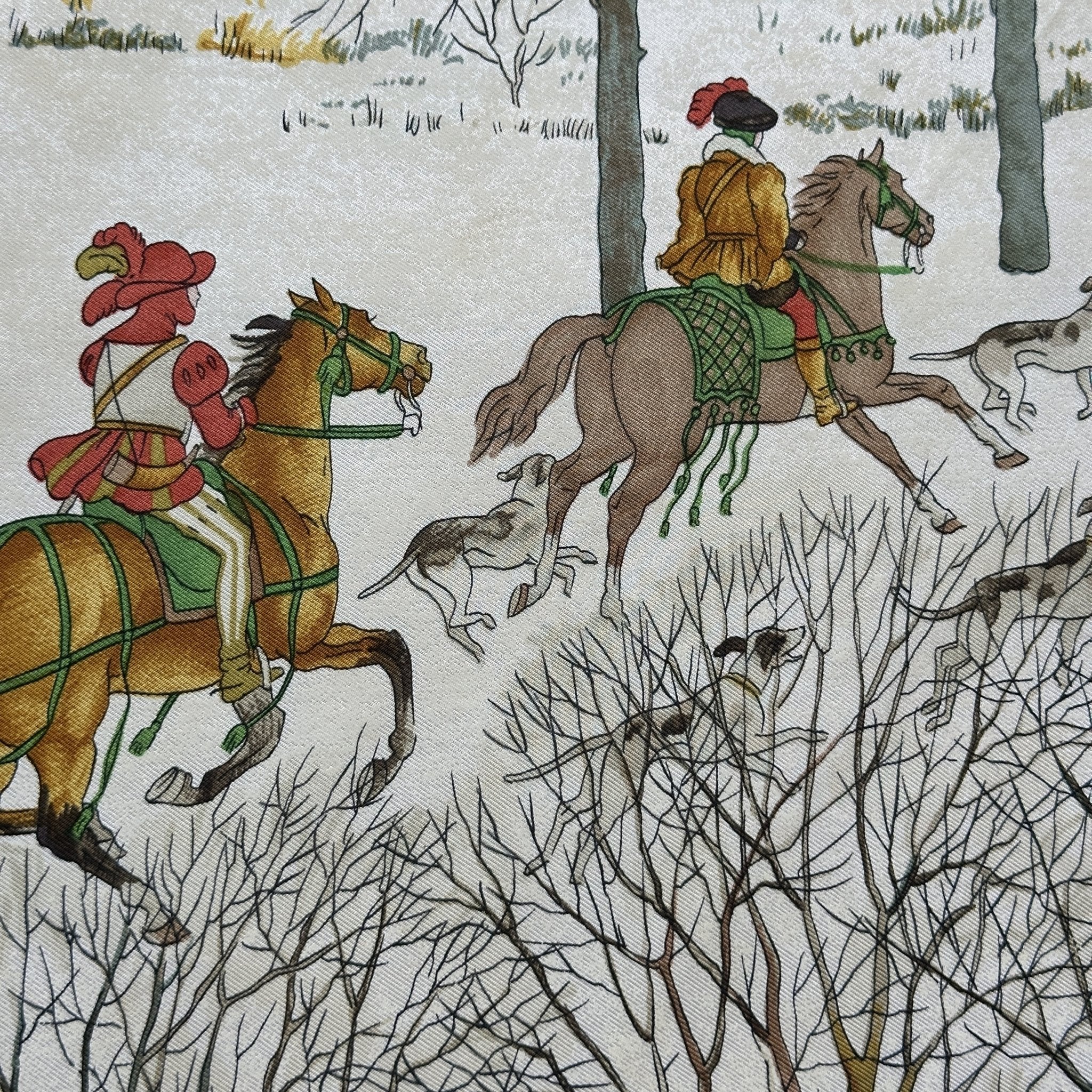 Détail du motif cavalier sur fond neige – Carré Hermès L’Hiver