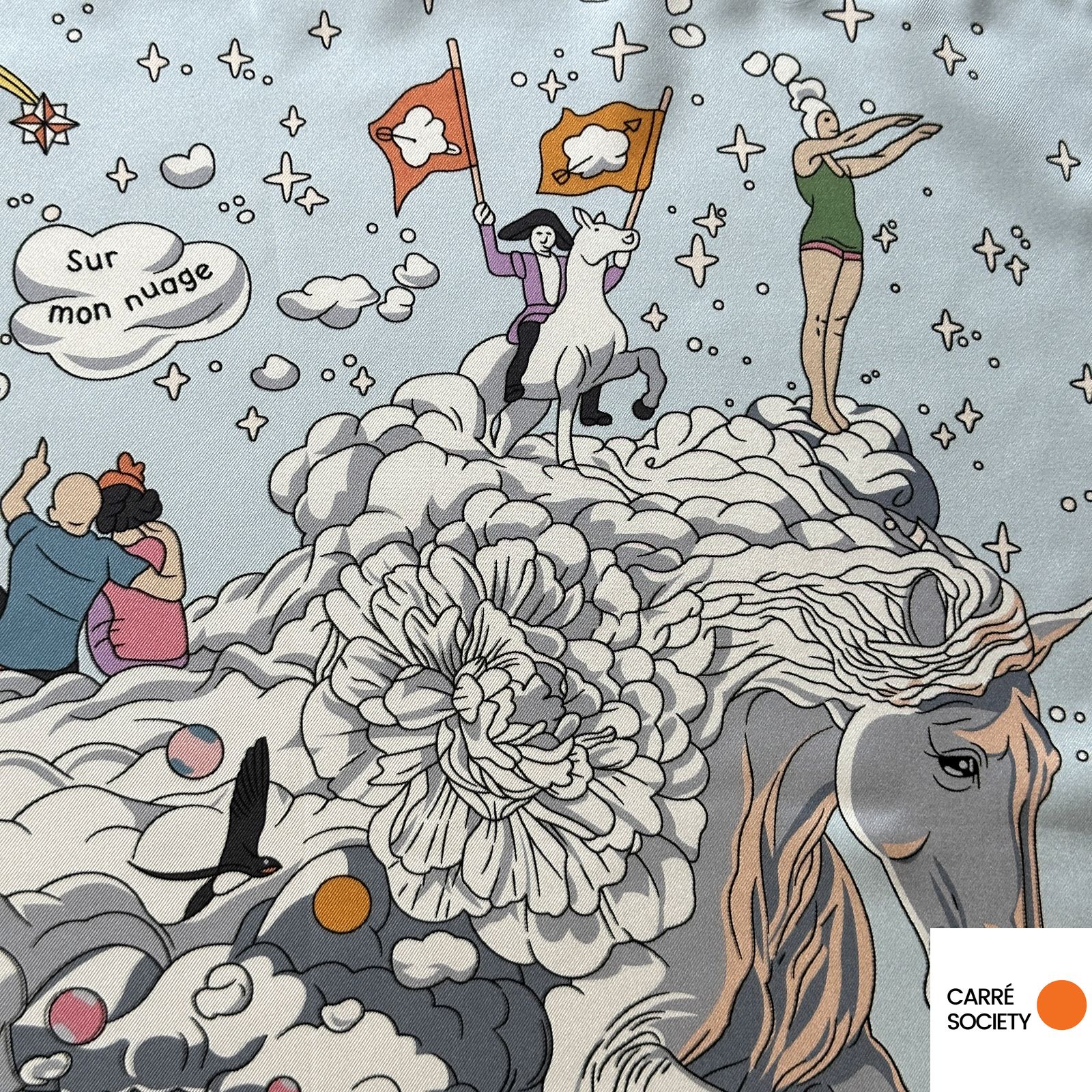 Personnages et animaux fantastiques sur le foulard Hermès "Sur mon Nuage"