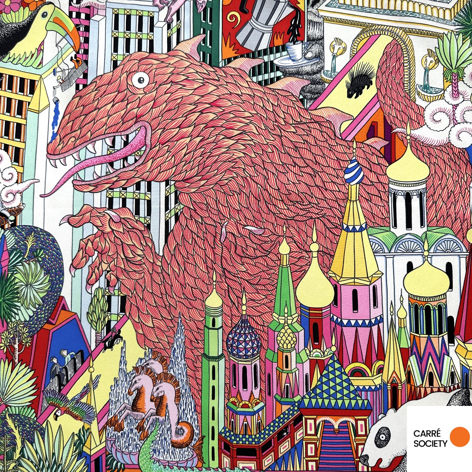 Vue du coin supérieur avec dragon et tours colorées : dragon rouge monumental entouré de tours multicolores et d’animaux exotiques.