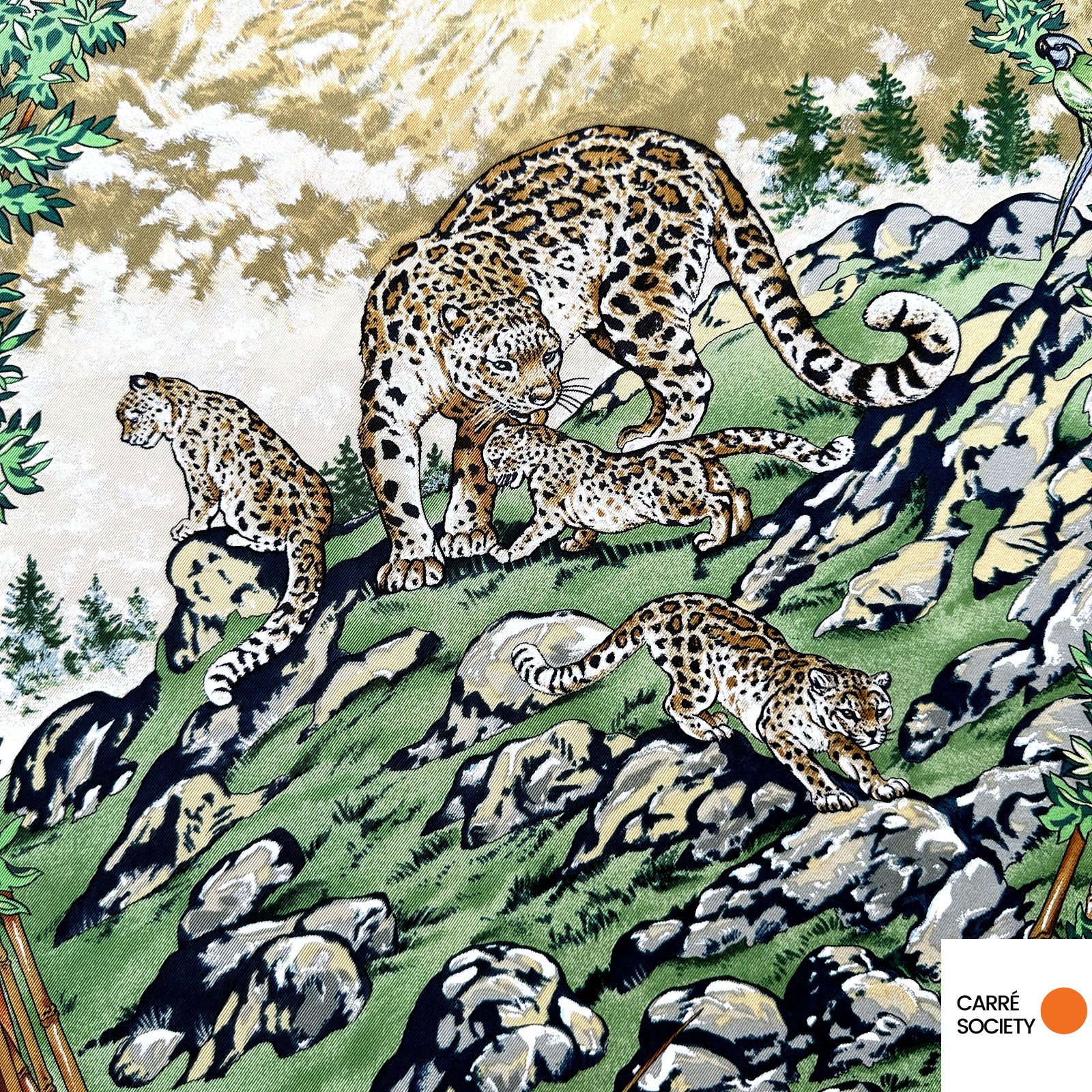 Détail du léopard et de ses petits : scène animalière sur fond de montagne, tons beige et vert.