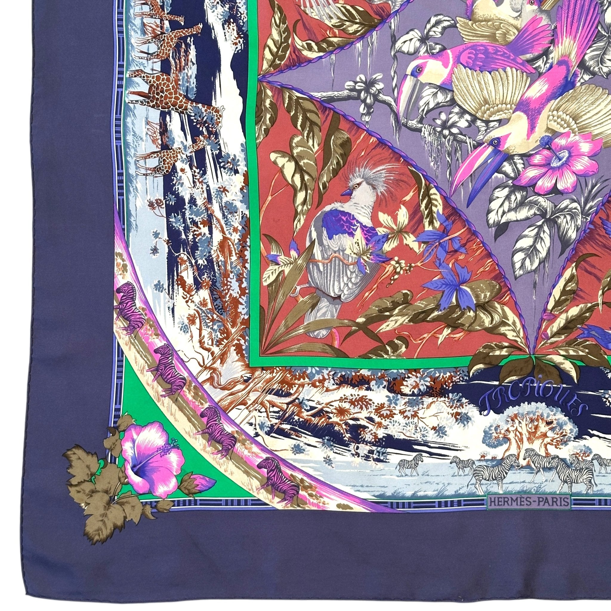 carre hermes tropiques bleu vert et rose