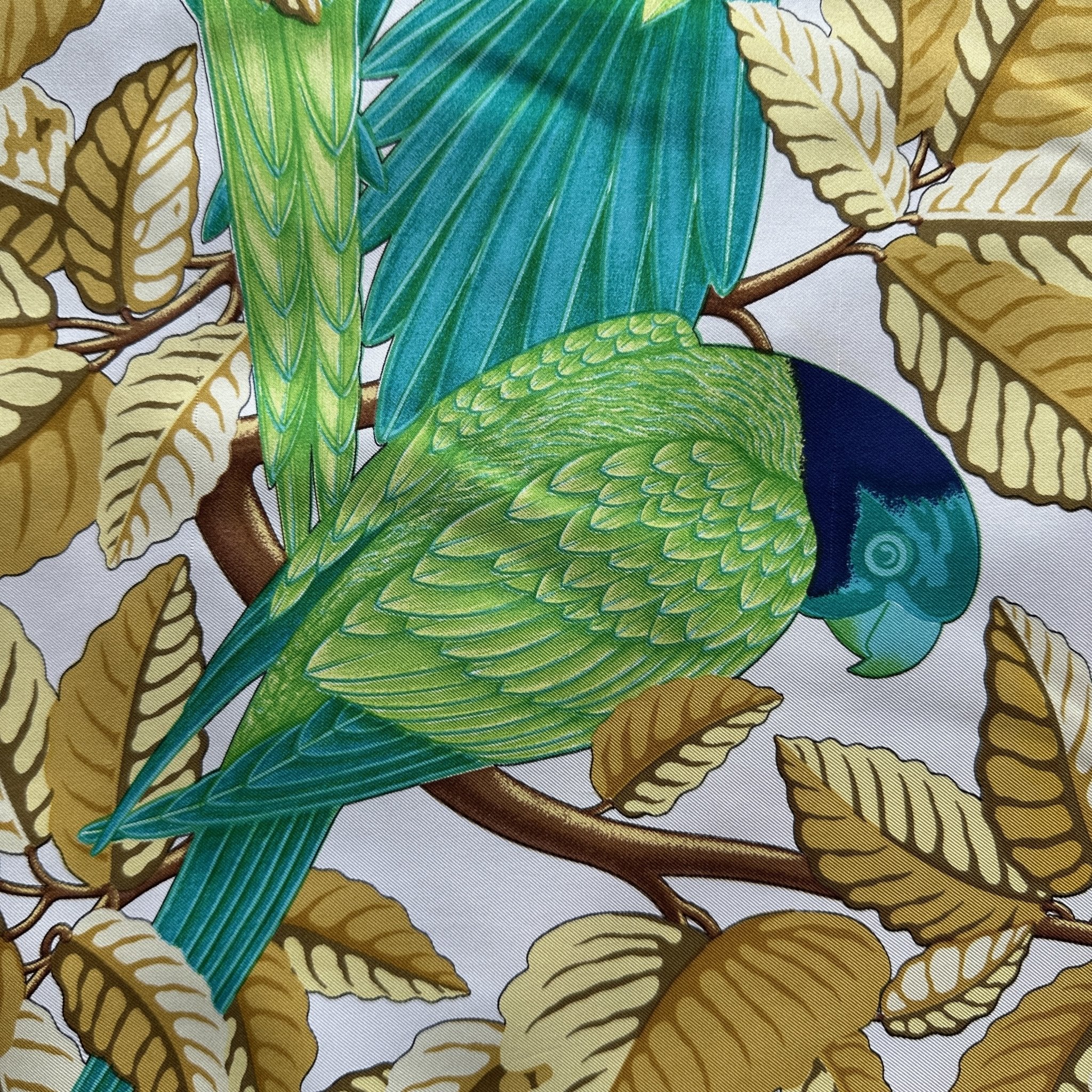 Détail du motif : perroquet bleu-vert au plumage coloré