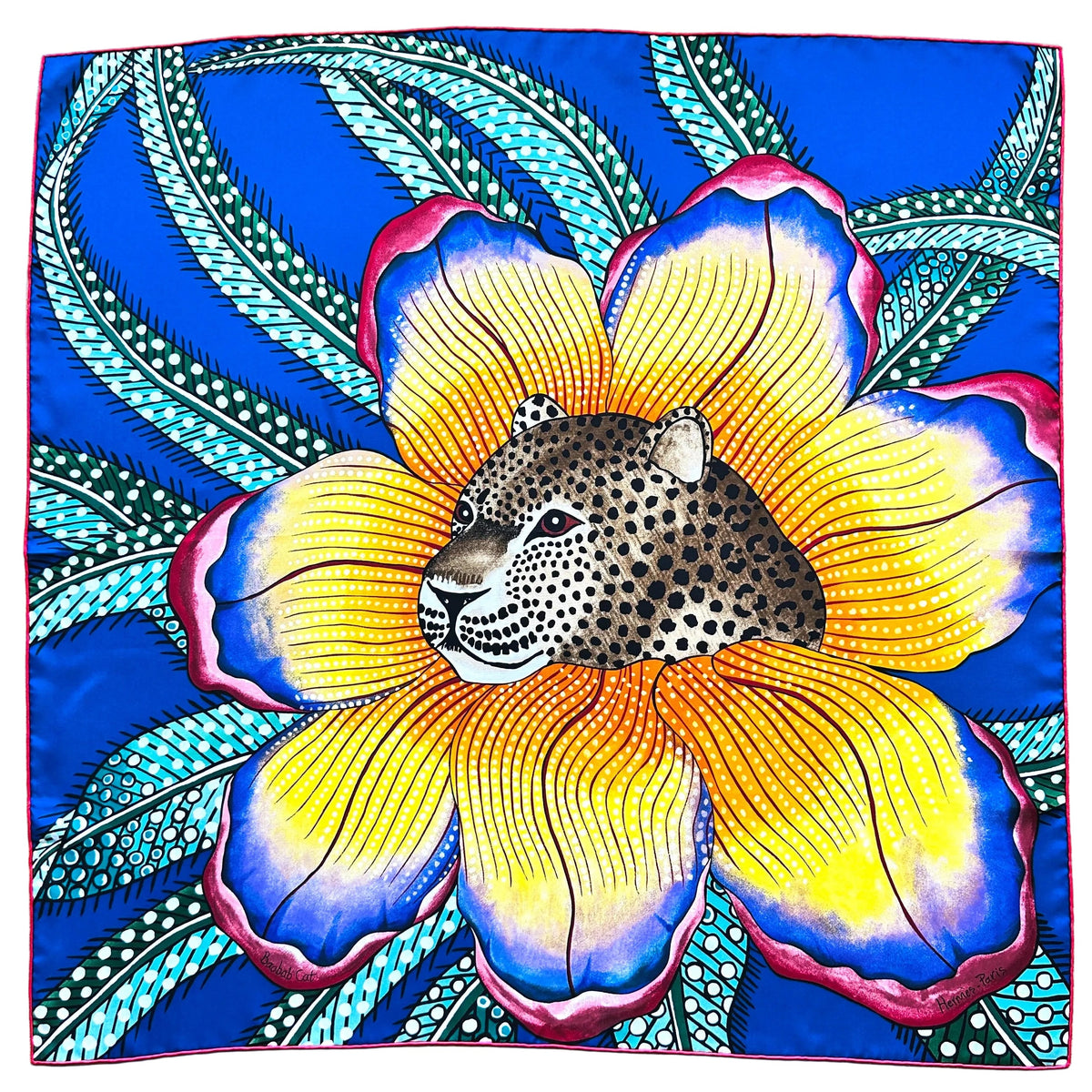Carré Hermès Baobab Cat Ardmore Artists 90 cm soie, vue d’ensemble léopard dans une fleur sur fond bleu roi