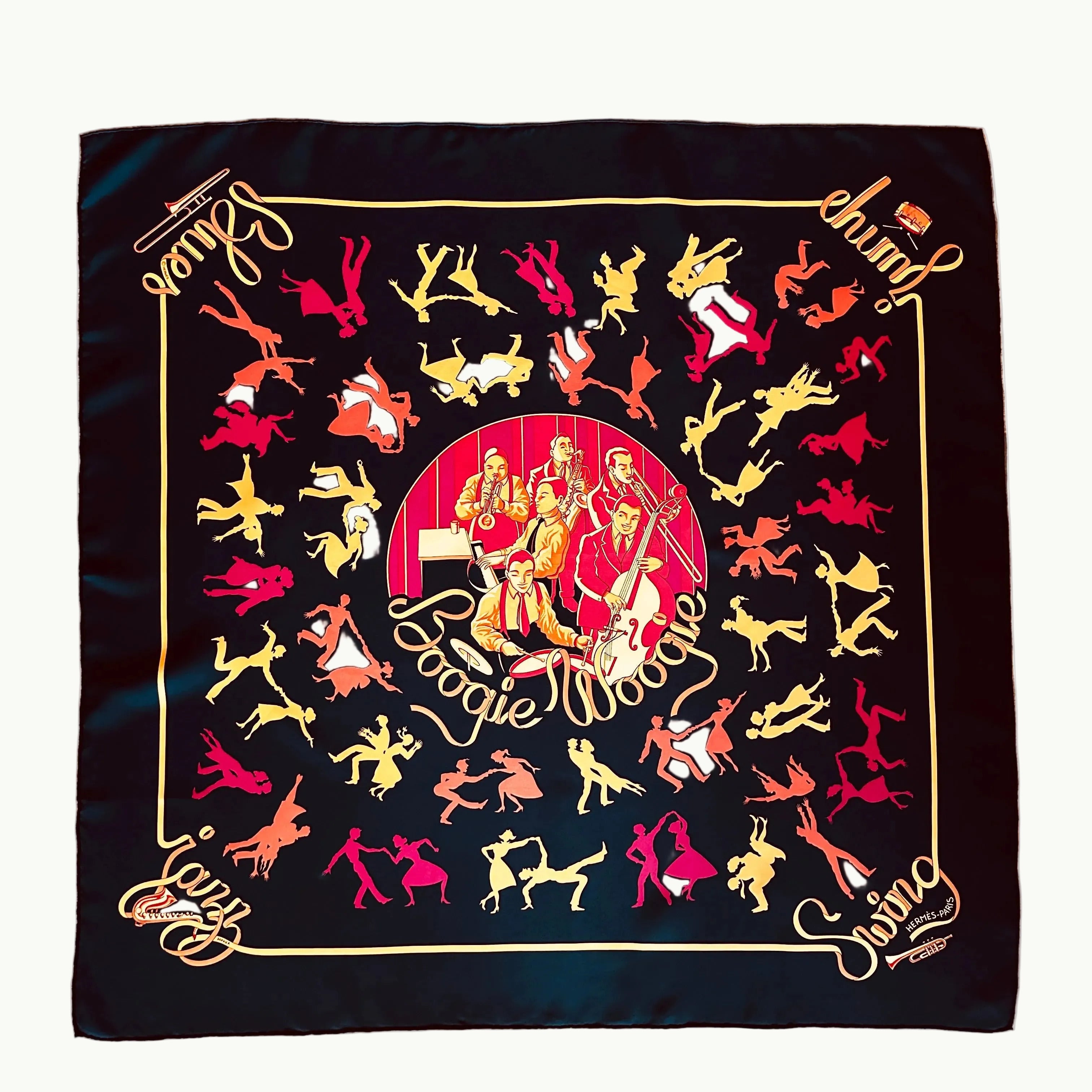 Foulard Hermès Boogie Woogie soie noir aux silhouettes de danseurs jaune, orange et rouge - Sophie Koechlin