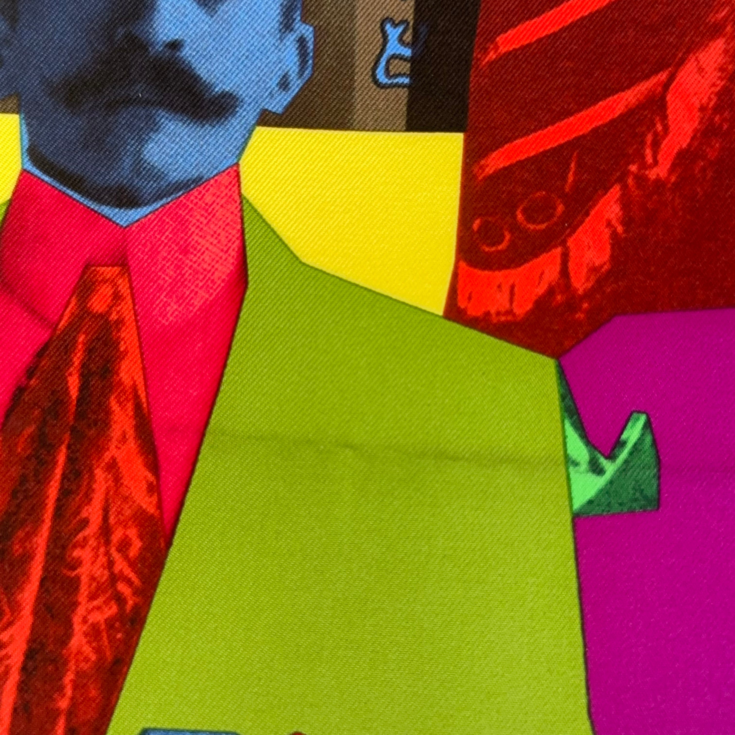 Gros plan artistique sur le visage bleu à moustache d'un personnage en costume vert et cravate rouge (Pierre Loti en fez) au centre du carré.